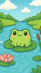 Fototapeta premium Cute frog on lily pad mobile wallpaper