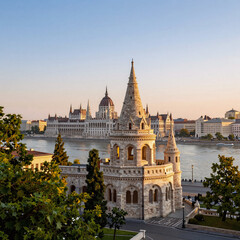 Obraz premium character concept, budapest's golden summer sunrise, featuring the tower of fisherman�s bastion and parliament building with river danube and green trees in the backdrop against a blue sky