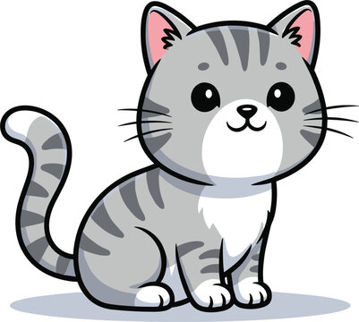 Cute Gray Kitten Sitting Cartoon Pet Character Adorable Domestic Cat Vector Illustration Isolated Design