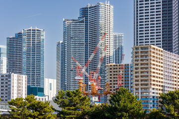 Obraz premium Red and white cranes building new towers amidst existing high-rise architecture