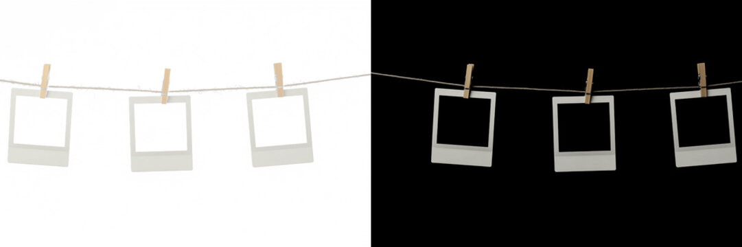 Three blank white photo frames hanging on a rope with wooden clothespins on розділений фон. Realistic minimal mockup with soft shadow and isolated clean design.