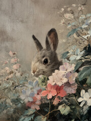 Vintage Cute Easter Bunny Peeking from Flowers Print