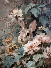 Vintage Cute Easter Bunny Peeking from Flowers Print