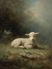 Vintage Easter Lamb in a Moody Wildflower Meadow Print