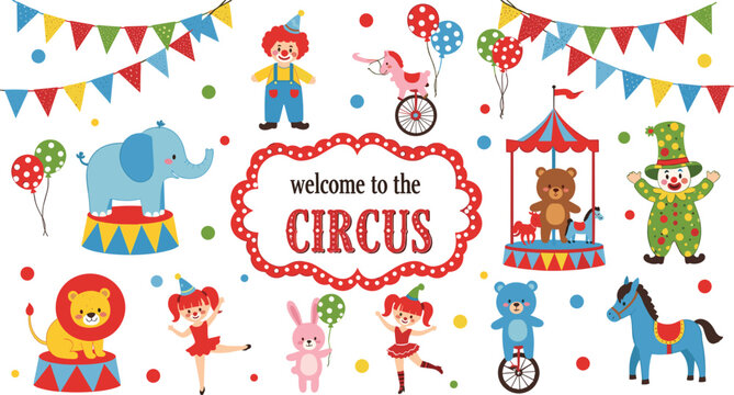 Circus Elements Collection With Clowns Animals And Decorations Cartoon Vector Illustration