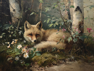 Fototapeta premium Vintage Easter Fox in Moody Spring Forest Print