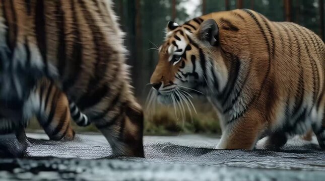 Three majestic tigers prowling through icy forest landscape
