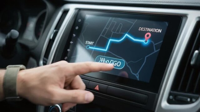 A finger accurately presses a digital button on an interactive touchscreen route map, facilitating precise navigation through a user-friendly digital map interface
