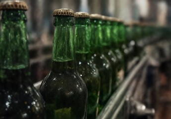 green beer bottles on a production line in a brewery factory.