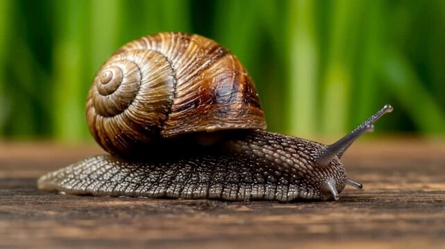 Slow moving mollusk showcasing glossy patterned shell texture