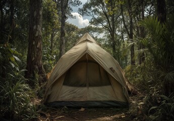 a weathered camping tent nestled within a lush tropical forest landscape.