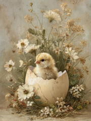 Vintage Easter Fluffy Chick Eggshell in a Moody Meadow Flowers Print
