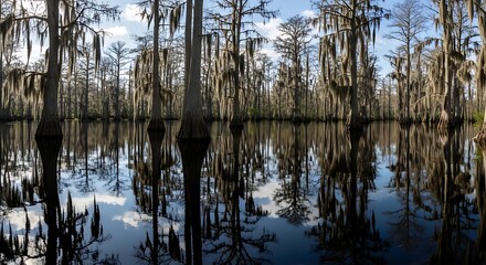 Obraz premium Serene swamp landscape with trees and reflections calm water and blue sky with clouds