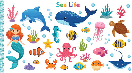 Sea Life Collection With Mermaid Dolphin Whale And Fish Cartoon Vector Illustration © MSTRazia