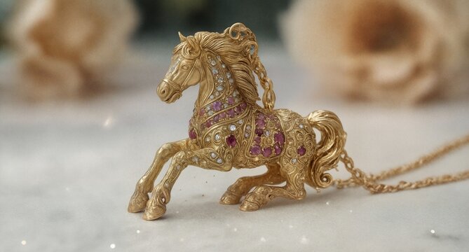 intricate gold horse pendant with ruby and diamond details on chain.