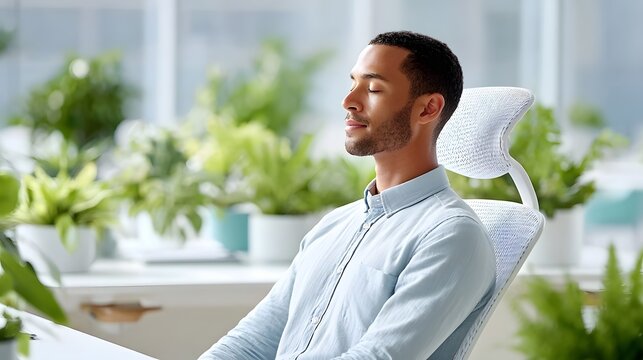 Peaceful man with eyes closed enjoying a moment of mindfulness and relaxation in a bright plant filled office environment