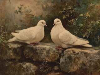 Fototapeta premium Vintage Easter Pair White Doves on an Old Garden Wall Print