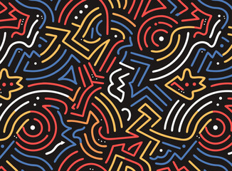 Seamless pattern of funny colorful doodle lines. A creative artistic background in a minimalist style for children or a fashionable design with basic shapes. Memphis Style