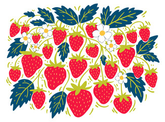watercolor. A bush of ripe juicy strawberries. Vector illustration with berries, flowers and leaves on a white background.