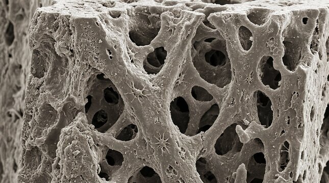 Scanning electron microscope image reveals the porous, interwoven structure of cancellous bone tissue in close-up detail.