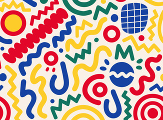 Seamless pattern of funny colorful doodle lines. A creative artistic background in a minimalist style for children or a fashionable design with basic shapes. Memphis Style