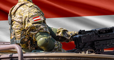 Austria flag with soldier at machine gun turret in front of it. Closeup side view. © lucky pics