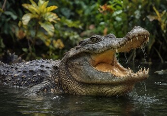 Obraz premium aggressive crocodile with open mouth displaying teeth in natural habitat.