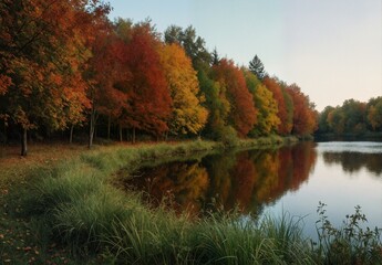 Fototapeta premium autumn forest reflecting in calm lake with vibrant fall colors.