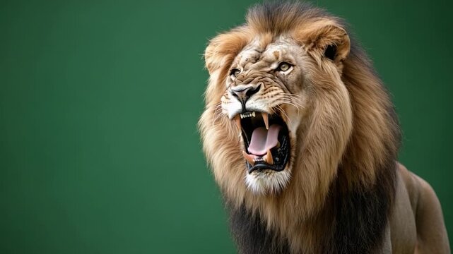 A male lion roars with its mouth wide open, displaying teeth, set against a green background