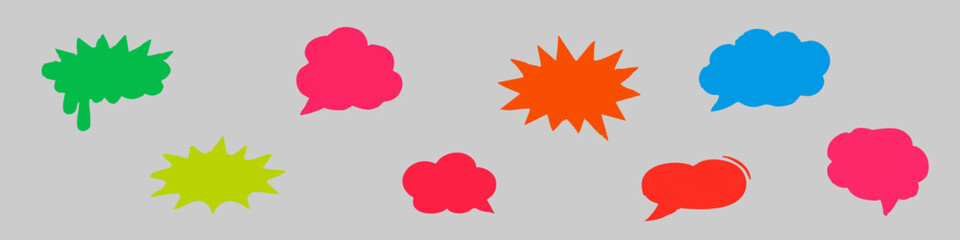 Obraz premium Set of colorful hand-drawn comic speech bubbles and explosion cloud stickers. Vibrant pop art graphic elements for chat and dialogue design