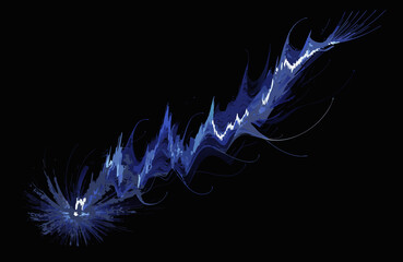 Realistic luminous line of silver dust with radiant . Upward-sloping stock price chart. glow effect. black background