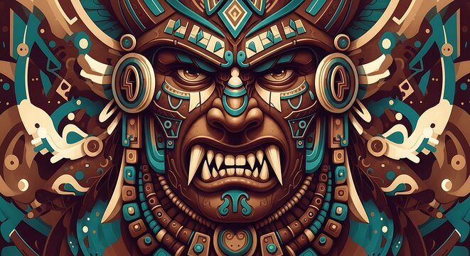 Vibrant aztec warrior mask with sharp teeth and colorful tribal patterns on face