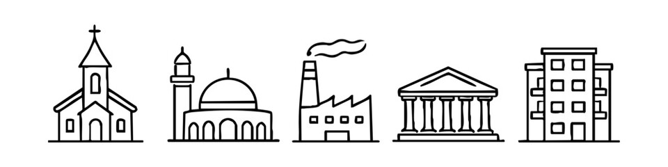 Set of hand-drawn building icons including a church, mosque, factory, temple, and apartment block in a simple line art style on white background © Петро Корженівський