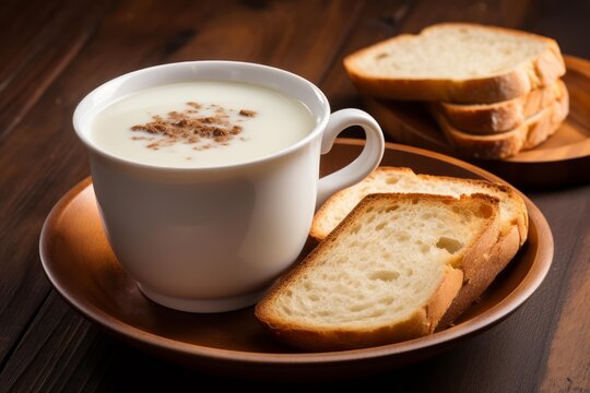 Warm salep beverage in a mug with cinnamon powder and toasted bread on a wooden surface