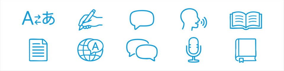 Set of blue line icons for language learning, translation, global communication, reading, writing, and speech. Minimalist vector illustration. © Nort Kor