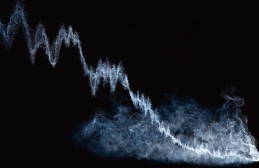 Realistic luminous line of blue dust with radiant . downward-sloping stock price chart. glow effect. black background