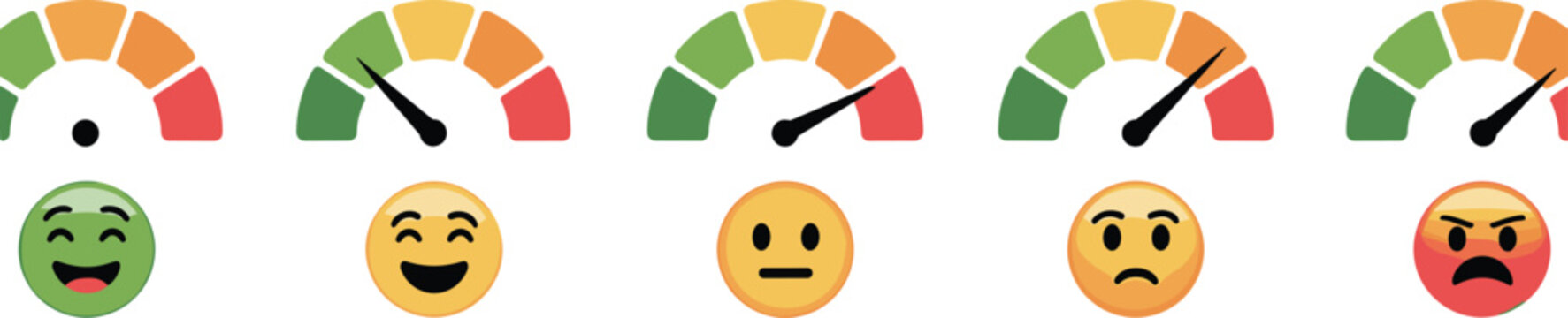 Emotion meter icons with emoji faces, mood tracking spectrum, psychological assessment tool, feedback design resource, colorful vector silhouette, cad drawing flat vector illustration