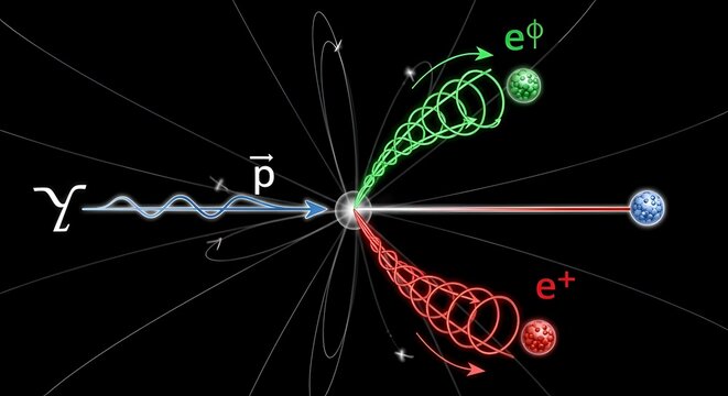 Particle physics illustration showing electron positron pair production.