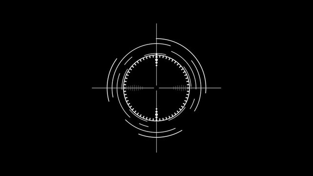 white crosshair targeting reticle with circular scale markings on black background aiming scope crosshair.4K