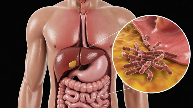 Human digestive system anatomy illustration with detailed intestines and stomach organs in 3D medical render