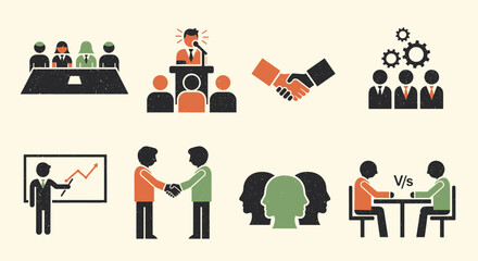 A collection of business-related illustrations featuring teamwork, presentations, and collaboration in a modern flat vector style, ideal for corporate branding and marketing materials