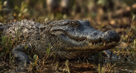 Obraz premium american alligator lurking in shallow water with detailed skin texture.