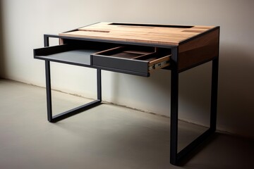 Fototapeta premium Contemporary desk design showcasing natural wood and black metal frame with storage