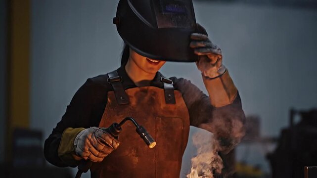 A female welder, wearing a black face mask and protective gear, stops welding to remove her helmet, revealing her as a woman and single mother working from home, promoting gender equality