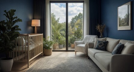 Fototapeta premium calm nursery interior with modern sofa and view of lush greenery.