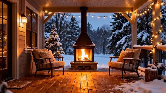 Cozy winter porch with fireplace