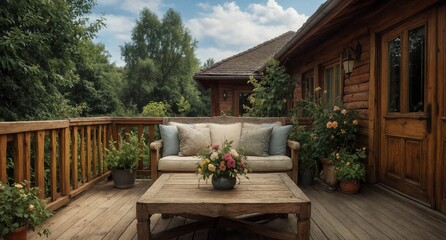 rustic porch with floral arrangement and cozy seating overlooking lush greenery.