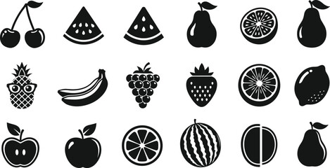 Fruit icon set with apple, banana, watermelon, citrus and berry symbols, fresh food silhouettes isolated on white background vector illustration collection © Hey there