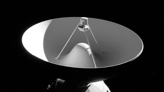 A series of black and white images showing the gradual focusing of a satellite dish in space, highlighting its reflective surface and supporting structure against a black background.