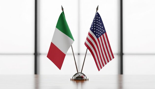 Italian and American flags waving together on stand isolated white background diplomacy unity partnership